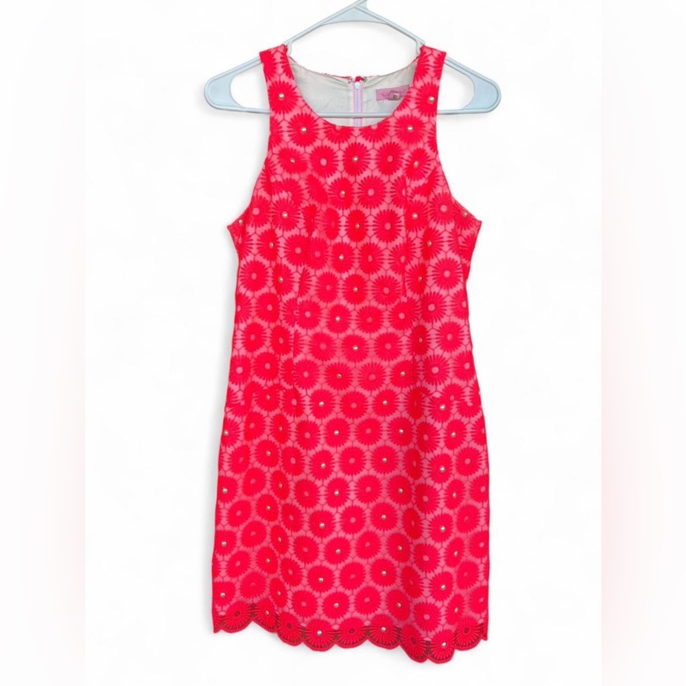 Lilly Pulitzer Pearl Shift Dress Fiesta Pink Pinwheel Organza Lace Boho Size 4‎